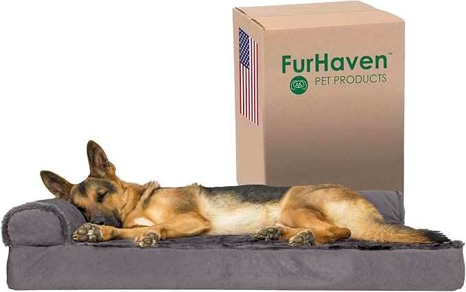 Furhaven Orthopedic Dog Bed for Large Dogs w/ Removable Bolsters & Washable Cover, For Dogs Up to 95 lbs - Plush & Velvet L Shaped Chaise - Platinum Gray, Jumbo/XL