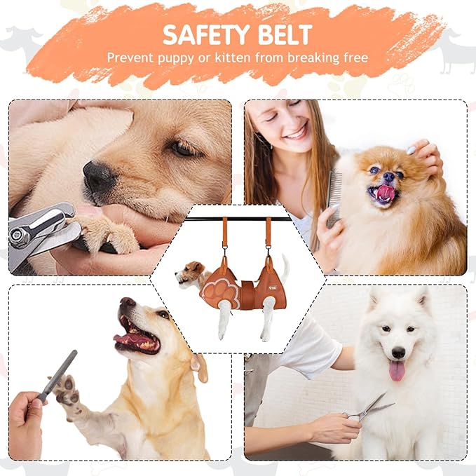 Paws n' Cradle Dog Grooming Hammock Harness for Dogs & Cats - Complete Kit with Adjustable Leg Fittings, Comb, Nail Clippers, File, Velcro Strap, Adjustable Hanging Straps & Snap Hooks (Large)