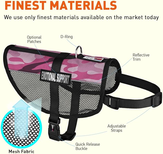 Dogline MaxAire Vest Emotional Support Removable Patch Adjustable Harness Reflective for Puppies Small Medium and Large Dogs 22 by 29 Inch Girth Pink Camo