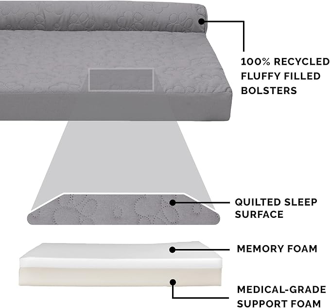 Furhaven Memory Foam Dog Bed for Medium/Small Dogs w/ Removable Bolsters & Washable Cover, For Dogs Up to 35 lbs - Pinsonic Quilted Paw L Shaped Chaise - Titanium, Medium