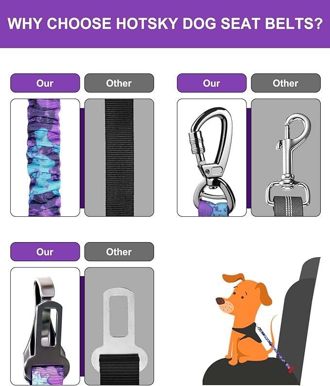 Hotsky Dog Seat Belt, Adjustable Safety Seatbelt 3-in-1 Car Harness for Dogs in Car Nylon Elastic Bungee Buffer Tether with Clip Hook Latch Buckle Swivel Zinc Alloy Carabiner(Purple Camo)