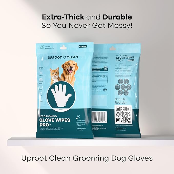 Uproot Clean Dog Cleaning Gloves: 1 Month Supply - Extra-Thick Pet Glove Wipes for Dogs & Cats - Easy Wipe Paws, Eyes, Ears, Butt, & Body - Lick-Safe - Cleaning, Deodorizing & Grooming (6 Pack)