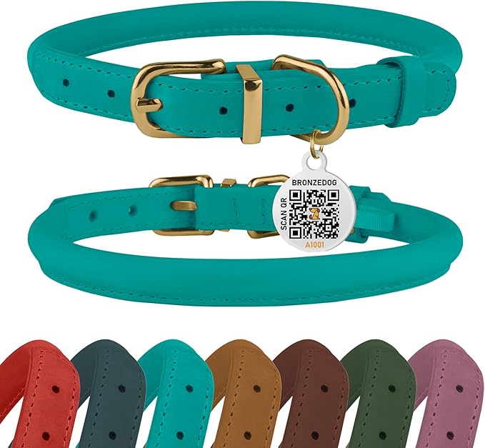 BRONZEDOG Rolled Leather Dog Collar with QR ID Tag Adjustable Soft Round Collars for Small Medium Large Dogs Puppy Cat (11" - 14 1/2" Neck Size, Turquoise)