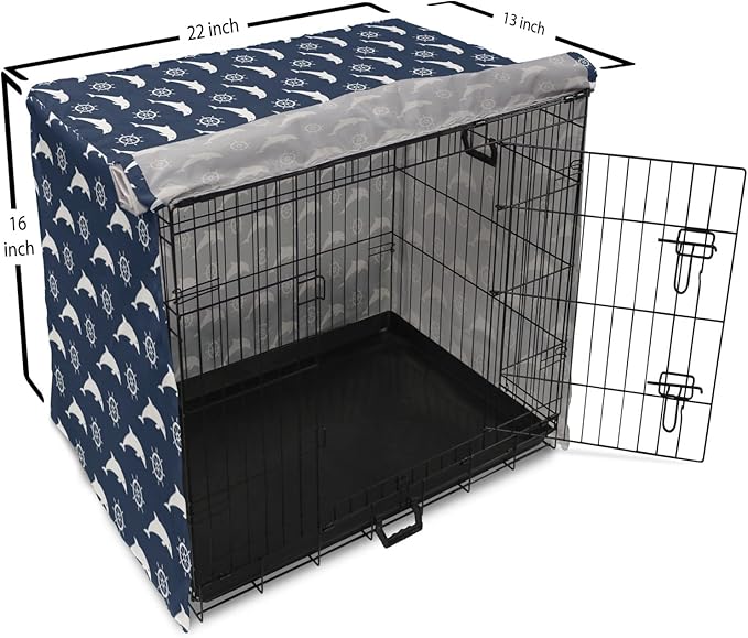 Lunarable Dolphin Dog Crate Cover, Maritime Pattern with Silhouettes of Dolphins and Steering Wheels in White Color, Easy to Use Pet Kennel Cover for Small Dogs Puppies Kittens, 22 Inch, Night Blue