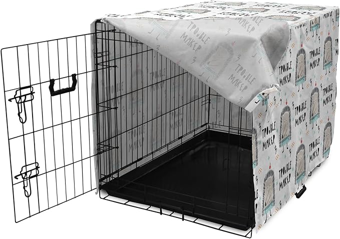 Lunarable Cartoon Dog Crate Cover, Hedgehog Trouble Maker Lettering with Apple and Stars Bad Boy Print, Easy to Use Pet Kennel Cover for Cats & Medium Dogs, 24 Inch, Pearl Pale Blue