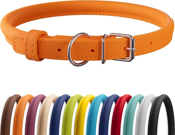 CollarDirect Rolled Leather Dog Collar, Soft Padded Round Puppy Collar, Handmade Genuine Leather Collar Dog Small Large Cat Collars 13 Colors (13-16 Inch, Orange Smooth)