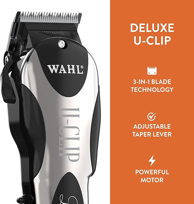 Wahl Pro Animal Deluxe U-Clip - Dog & Cat Trimmer with 3 Cutting Lengths & 7 Attachment Combs - Premium Grooming Tools for Light & Medium Coats - Black & Chrome