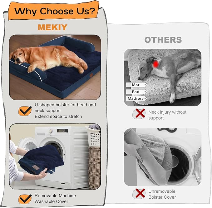 Large Dog Bed Orthopedic Washable | Beds Bolster Pet - XXL Large Big Dogs - Memory Foam - Couch Sofa - Waterproof with Removable Cover | Navy Blue Dog Bed