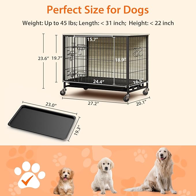 Dog Crate Furniture, 27.2" Modern Double-Door Dog House with Pull-Out Tray, Heavy-Duty Wooden Kennel & Removable Wheels, Side Table for Small Dog Sizes, Rustic Gray