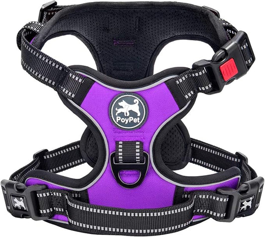 PoyPet Dog Harness No Pull, Reflective Adjustable No Choke Pet Vest with Front & Back Clips, Soft Padded and Control Training Handle for Large Dogs(Purple,XL)
