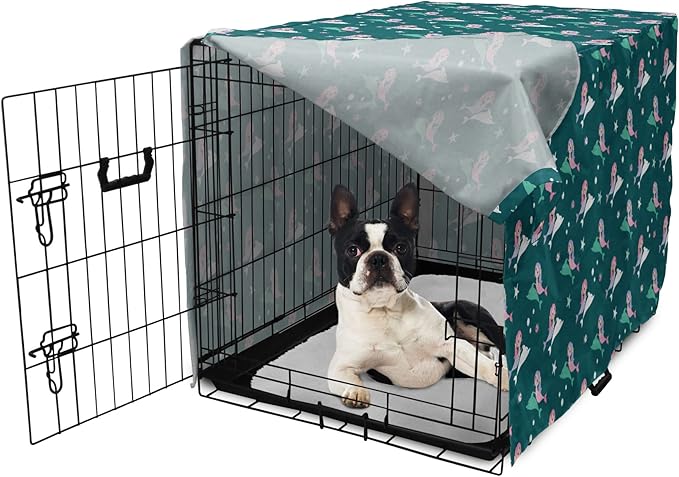 Lunarable Dolphin Dog Crate Cover, Pink Haired Mermaids Swimming with Dolphins Backdrop with Starfish Dots, Easy to Use Pet Kennel Cover for Small Dogs Puppies Kittens, 22 Inch, Jade Green Multicolor