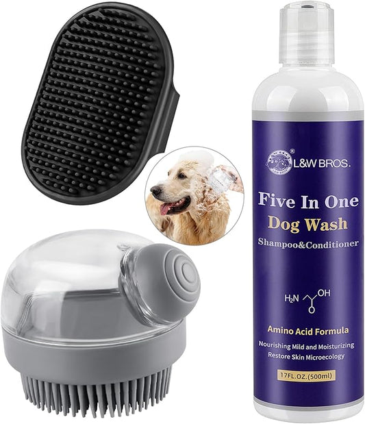 Comotech 3PCS Dog Bath Kit | 5-1 Dog Shampoo and Conditioner | Dog Bath Brush | Dog Scrubber For Bath | Amino Acid Formula (Natural Coconut Oil) Suitable for Puppies and All Pets with Hair - 17oz