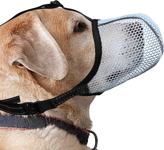 Blue Dog Muzzle, Breathable Soft Muzzle for Large Dogs to Anti & Prevent Barking Biting Chewing, Reflective & Adjustable Basket Muzzle with Air Mesh for Doberman Blue XL