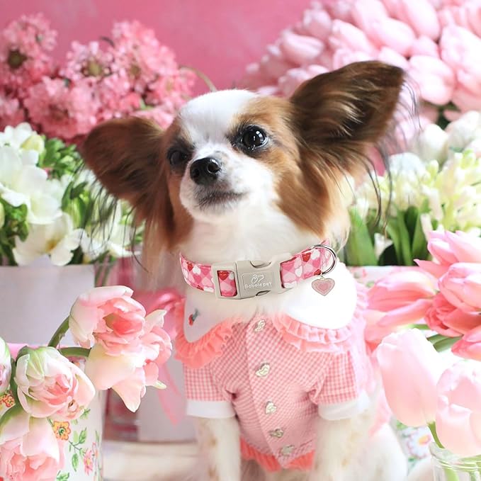 Valentine's Day Dog Collar - Cute Pink Valentines Dog Collar Girl Boy Durable Adjustable Love Heart Pattern Charm Dog Collars for Small Medium Large Dogs S