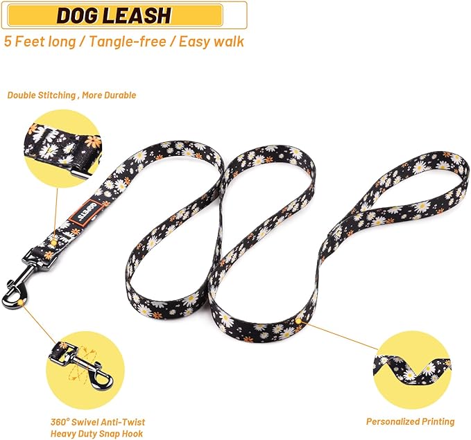 QQPETS Dog Harness Leash Set Adjustable Heavy Duty No Pull Halter Harnesses for Small Medium Large Breed Dogs Back Clip Anti-Twist Perfect for Walking (S(14"-20" Chest Girth), White Daisy)