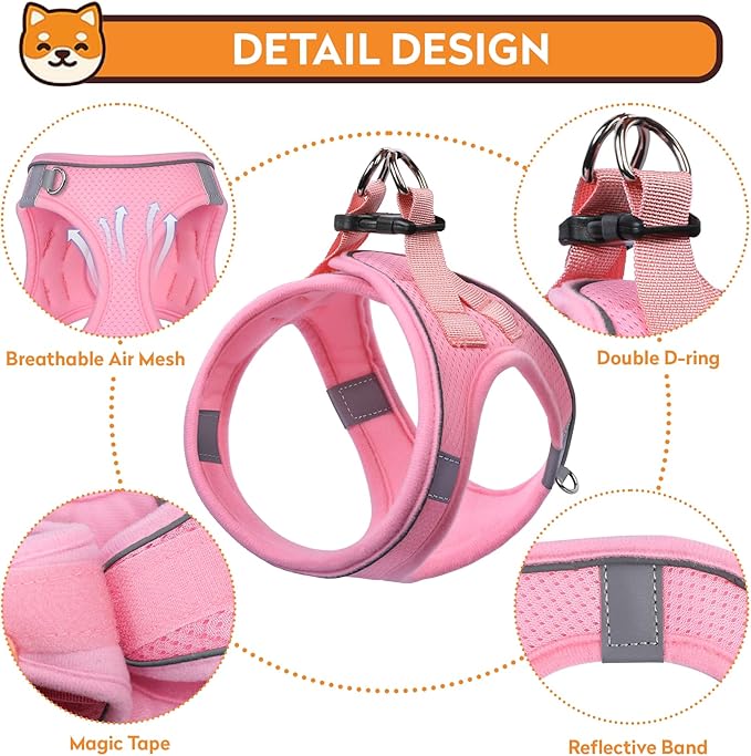 Dog Harness with Leash Set, No-Pull Step-in Reflective Pet Harness with 1 Leash Clips, Adjustable Soft Padded Easy Walk Dog Vest for Small Medium Large Dogs, Cats(Light Pink, XSmall)
