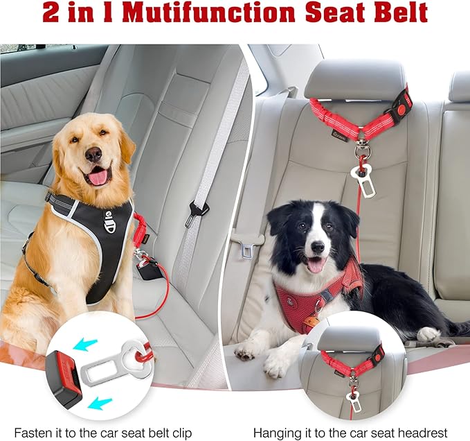 Chew Proof Dog Car Seat Belt, 2 in 1 Steel Cable Dog Car Accessories Headrest Restraint Dog Car Seatbelt for Medium Large Dogs Chewer Heavy Duty Dog Seatbelts for Cars Swivel Attach