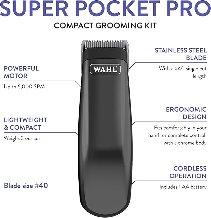 Wahl Professional Animal Super Pocket Pro Pet, Dog, & Cat Trimmer & Grooming Kit - Black Chrome