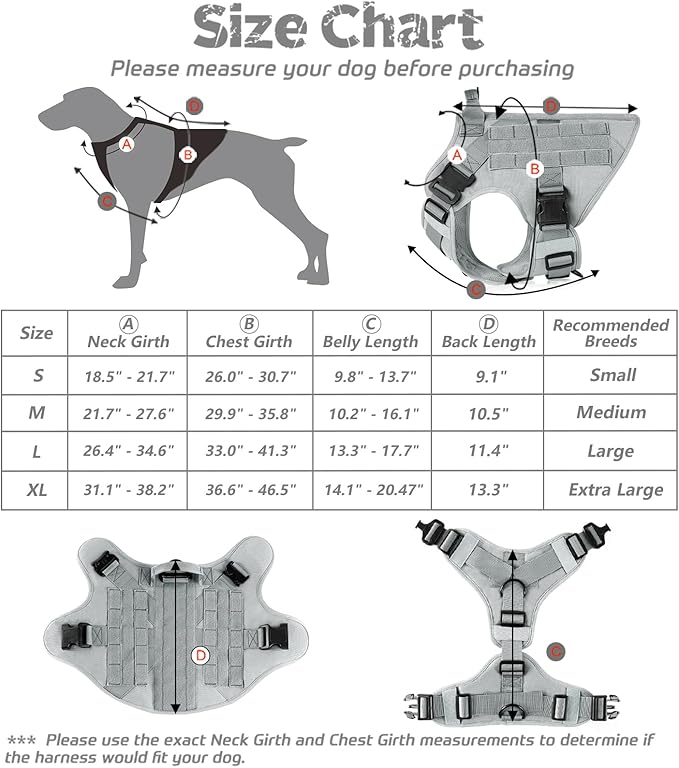 rabbitgoo Tactical Dog Harness for Large Dogs, Heavy Duty Dog Harness with Handle, No-Pull Service Dog Vest Large Breed, Adjustable Military Dog Vest Harness for Training Hunting Walking, Grey, XL