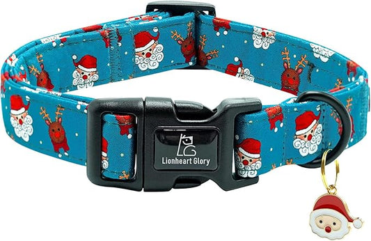 Lionheart glory Christmas Dog Collar, Blue Christmas Santa Deer Dogs Collar Adjustable Soft Comfortable Collars for Medium Dogs Girl or Boy Pet Gift Fall Cute Collar