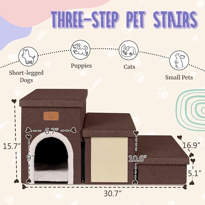 downluxe Dog Stairs for Small Dogs, Foldable Dog Steps for Bed, Sofa and Chair, Non-Slip Pet Steps with Cat Scratcher and Condo (3-Step Pet Stairs, Brown)