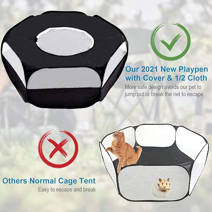 Small Animals Playpen, Breathable & Waterproof Pet Playpen Cage Tent with Zippered Cover Outdoor/Indoor Portable Fence Tent for Puppy/Kitten/Rabbits/Hamster/Chinchillas/Guinea Pig (Black)