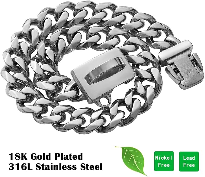 Strong Stainless Steel Silver Cuban Link Chain Dog Collar,Pet Necklace Walking Collar for Small Medium Dogs(Length - 14'')