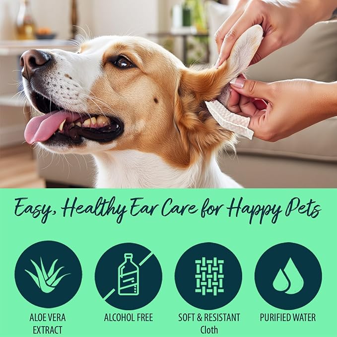 Natureland [60 pcs Finger Wipes] Dog & Cat Ear Finger Wipes - Otic Cleaning Wipes for Infections and Controlling Ear Infections and Ear Odor in Pets (60)