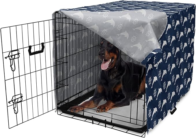 Lunarable Dolphin Dog Crate Cover, Maritime Pattern with Silhouettes of Dolphins and Steering Wheels in White Color, Easy to Use Pet Kennel Cover for Medium Large Dogs, 42 Inch, Night Blue