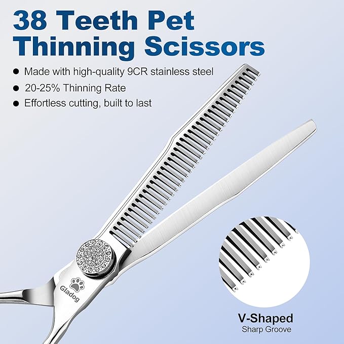GLADOG 6.5" 9CR Thinning Shears for Dogs - Professional Dog Thinning Scissors with Luxurious Diamond Pivot Nut, Ideal Dog Grooming Scissors for Reducing Bulk, Dog Shears，Dog Scissors for Grooming