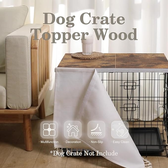 Dog Crate Topper Wood for 24 30 36 42 48 inch Cages, Dog Crate Table Foldable Dog Kennel Topper with Tassel Curtain, Rustic Style Top Rustic Brown(Crate Not Include)