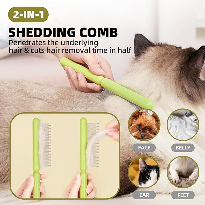 Dog Grooming Set: 7 PCS Deshedding Brushes for Short & Long Haired Dogs and Cats - Scrubber Shower Brush, Dematting Comb, Scissors, Orange