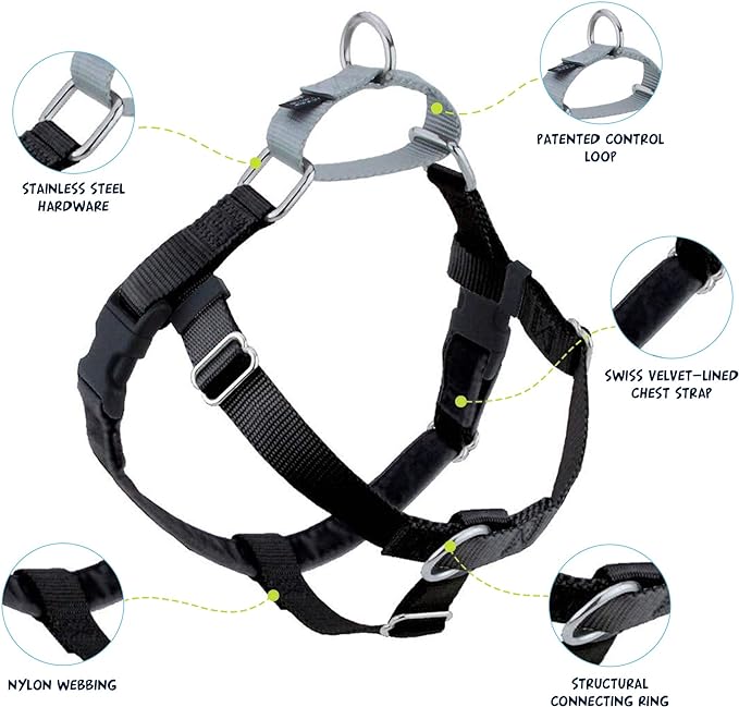 2 Hounds Design Freedom No Pull Dog Harness | Comfortable Control for Easy Walking |Adjustable Dog Harness and Leash Set | Small, Medium & Large Dogs | Made in USA | Solid Colors | 5/8" XS Black