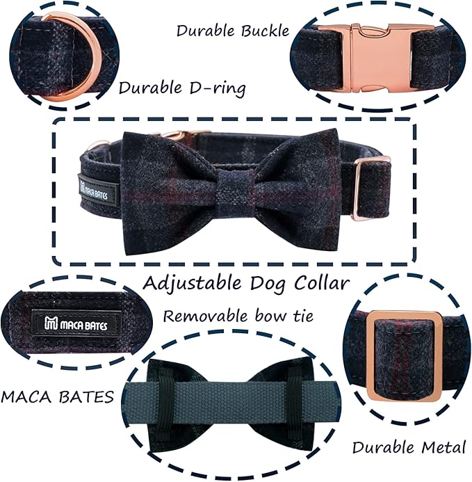 MACA Bates Dog Dark Blue Woolen Collar with Nylon- Warm and Soft Bows Dog Collar for Large Medium Small Dogs, Adjustable Dog Collar with Metal Buckle for Boy and Girl in Winter, XS Puppy Collar