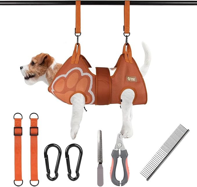 Paws n' Cradle Dog Grooming Hammock Harness for Dogs & Cats - Complete Kit with Adjustable Leg Fittings, Comb, Nail Clippers, File, Hook and Loop Strap, Adjustable Hanging Straps & Snap Hooks (Medium)