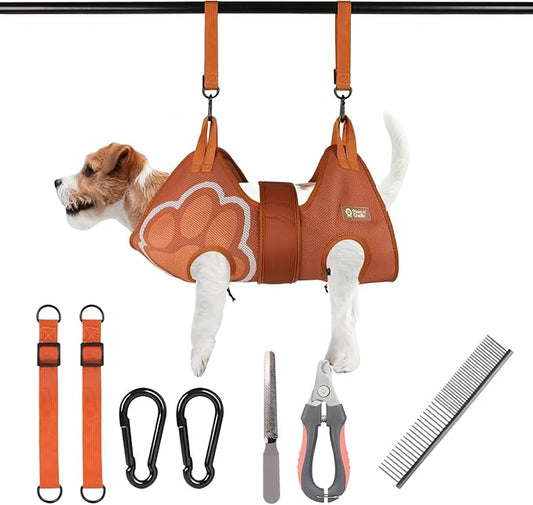 Paws n' Cradle Dog Grooming Hammock Harness for Dogs & Cats - Complete Kit with Adjustable Leg Fittings, Comb, Nail Clippers, File, Hook and Loop Strap, Adjustable Hanging Straps & Snap Hooks (Medium)