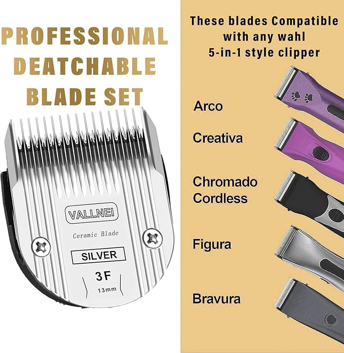 Detachable Adjustable Pet Dog Grooming Clipper 5-in-1 Blade Compatible with WAHL Professional Animal Blade Arco, Bravura, Chromado, Creativa, Figura, and Motion Pet, Dog, and Horse Clippers(3F)