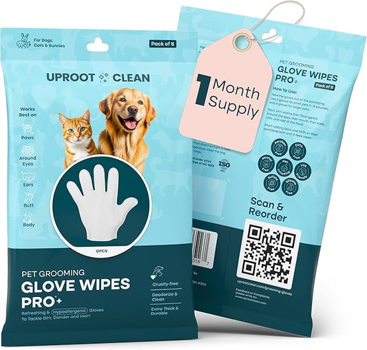 Uproot Clean Dog Cleaning Gloves: 1 Month Supply - Extra-Thick Pet Glove Wipes for Dogs & Cats - Easy Wipe Paws, Eyes, Ears, Butt, & Body - Lick-Safe - Cleaning, Deodorizing & Grooming (6 Pack)