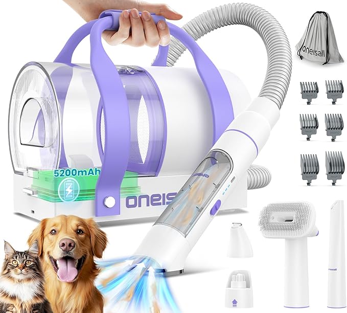 oneisall Cordless Dog Grooming Vacuum,5200 mAh Dog Grooming Kit with Clippers,Nail Grinder,Trimmer,2L Dustbin for Shedding with Grooming Tools-Quiet Suitable for All Breeds,Cleaning at Home Comfy C1