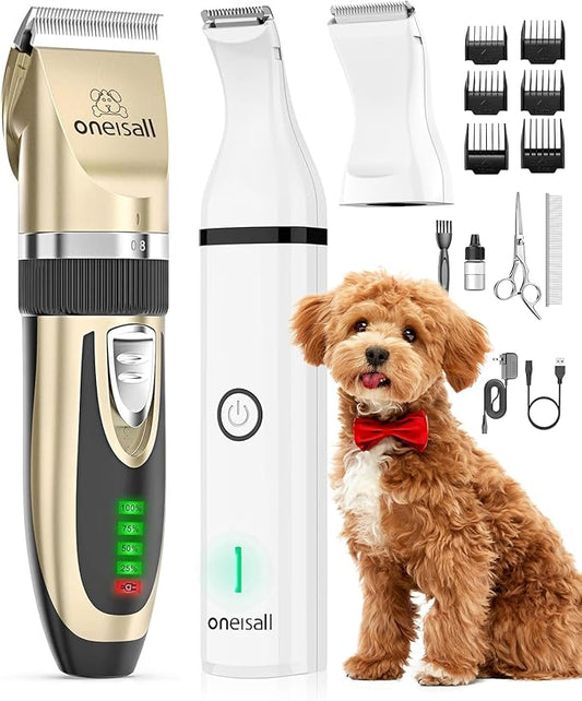 oneisall Dog Clippers and Dog Paw Trimmer Kit 2 in 1 Low Noise Cordless Dog Clippers for Grooming Pet Hair Trimmers for Small and Large Dogs Cats Animals
