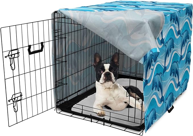 Lunarable Dolphin Dog Crate Cover, Dolphin Illustration Jumping Waves with Large Mammal Friendly Ocean Animal, Easy to Use Pet Kennel Cover for Small Dogs Puppies Kittens, 22 Inch, Azure Blue White