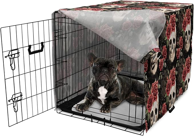 Lunarable Halloween Dog Crate Cover, Mexican Sugar Skull Rose Bouquets Spooky Traditional Humour Culture, Easy to Use Pet Kennel Cover for Cats & Medium Dogs, 24 Inch, Black Grey