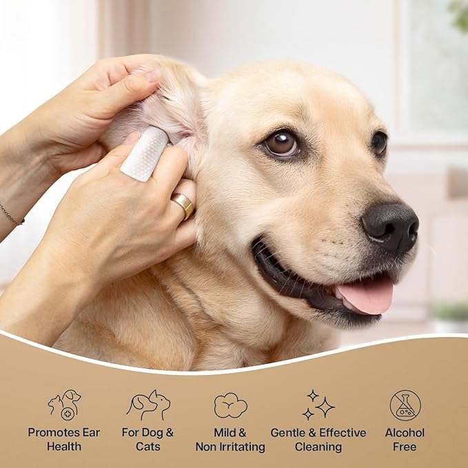 Pet Finger Ear Wipes for Dogs & Cats – 100 Count Finger Wipes – Gentle Ear Cleaner, Reduces Wax & Odor – Non-Irritating, Easy Finger Design for Pets