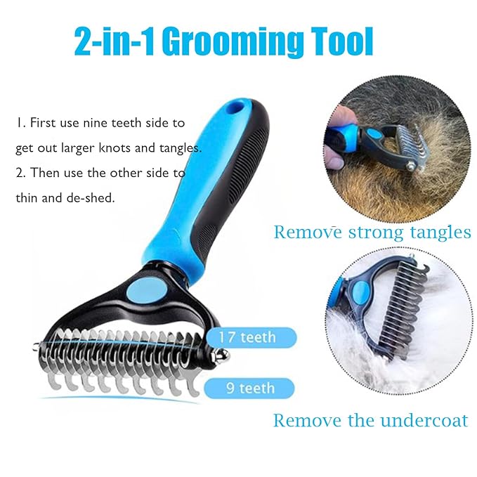 Deshedder Brush for Dogs and Cats, Double Sided Undercoat Rake for Matted Hair/Fur, Furever Brush, Blue