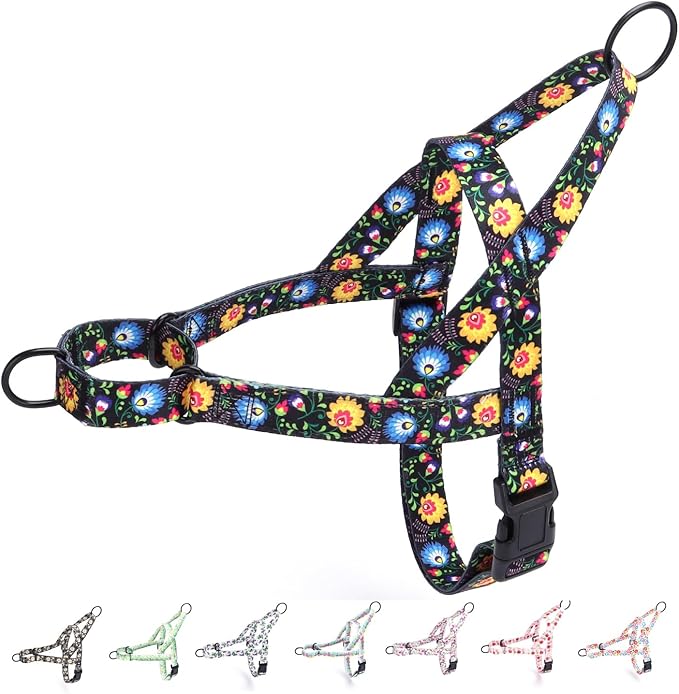 No Pull Dog Harness for Small, Medium, and Large Pets - Floral Pattern Nylon Safety Training Dog Harness (S, Black)