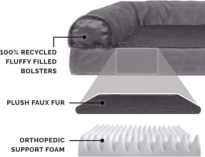 Furhaven Orthopedic Dog Bed for Large Dogs w/ Removable Bolsters & Washable Cover, For Dogs Up to 95 lbs - Plush & Velvet L Shaped Chaise - Platinum Gray, Jumbo/XL