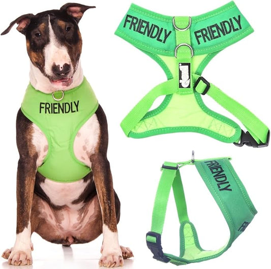 FRIENDLY (Known as Friendly to all) Green Color Coded Non-Pull Front and Back D Ring Padded and Waterproof Vest Dog Harness PREVENTS Accidents By Warning Others Of Your Dog In Advance (L)