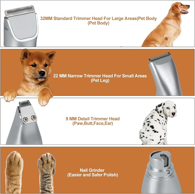 Dog Clippers Grooming Kit Hair Clippers with Nail Grinder Set 4 in 1, Cordless Electric Trimmer- Low Noise Paw Trimmer-USB Rechargeable Quiet Nail Grinder Shaver for Cats and Other Pets （Sliver）