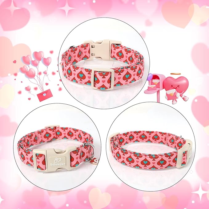 Valentine's Day Dog Collar - Cute Pink Valentines Dog Collar Girl Boy Durable Adjustable Spade Heart Pattern Charm Dog Collars for Small Medium Large Dogs XL