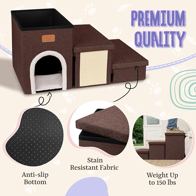 downluxe Dog Stairs for Small Dogs, Foldable Dog Steps for Bed, Sofa and Chair, Non-Slip Pet Steps with Cat Scratcher and Condo (3-Step Pet Stairs, Brown)